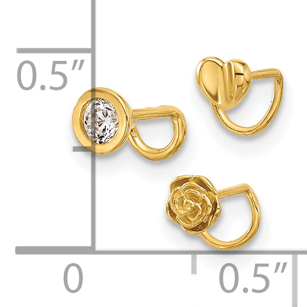 14K 22 Gauge Polished CZ, Flower and Heart Nose Ring Set (0.54 grams)