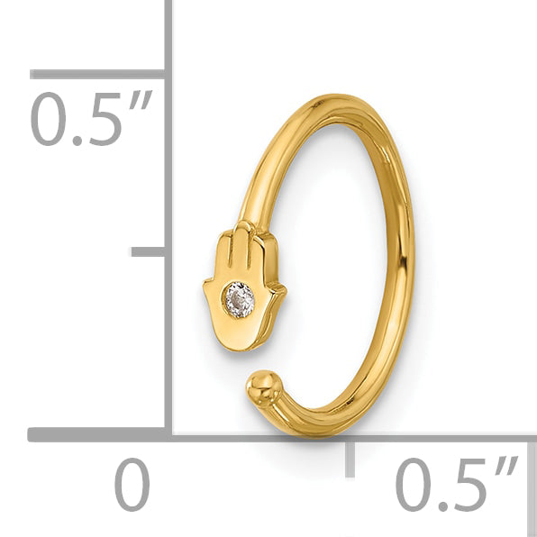 14K 20 Gauge Polished CZ Hamsa Nose Ring (0.4 grams)