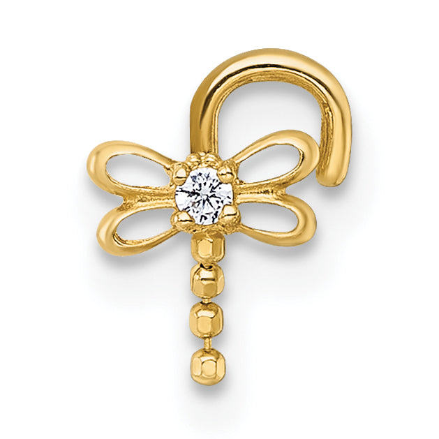 14k Polished 18 Gauge Moveable CZ Dragonfly Nose Stud (0.19 grams)