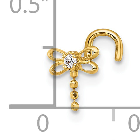 14k Polished 18 Gauge Moveable CZ Dragonfly Nose Stud (0.19 grams)