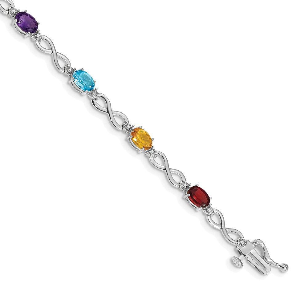 14k White Gold Complete Diamond and Oval Garnet/Swiss Blue Topaz/Citrine/Amethyst/Peridot Infinity 7 inch Rainbow Bracelet (4.65 grams)