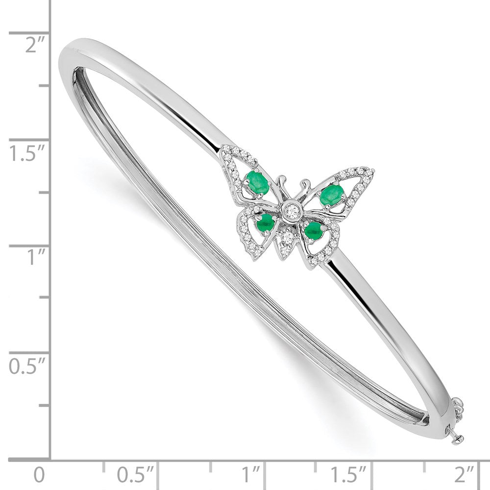 14k White Gold Complete Emerald and 1/6 carat Diamond Butterfly Hinged Bangle Bracelet (9.79 grams)