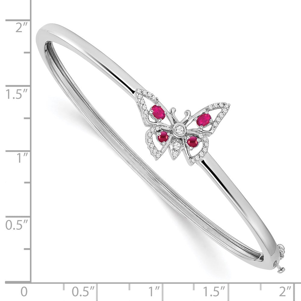 14k White Gold Complete Ruby and 1/6 carat Diamond Butterfly Hinged Bangle Bracelet (9.79 grams)