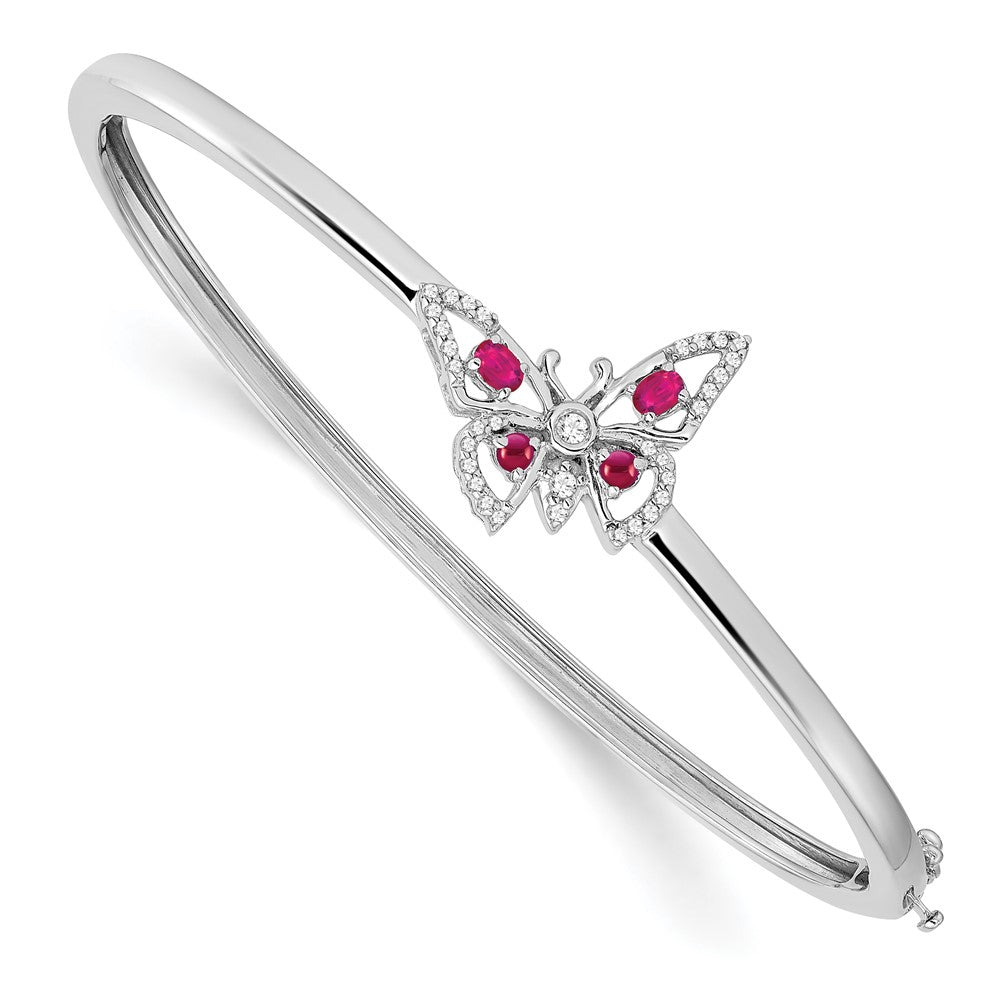 14k White Gold Complete Ruby and 1/6 carat Diamond Butterfly Hinged Bangle Bracelet (9.79 grams)