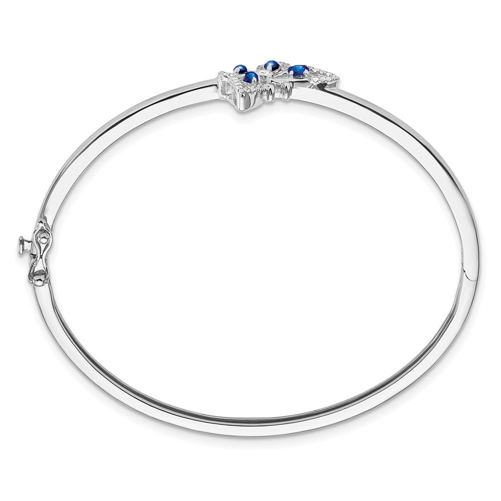 14k White Gold Complete Sapphire and 1/6 carat Diamond Butterfly Hinged Bangle Bracelet (9.79 grams)