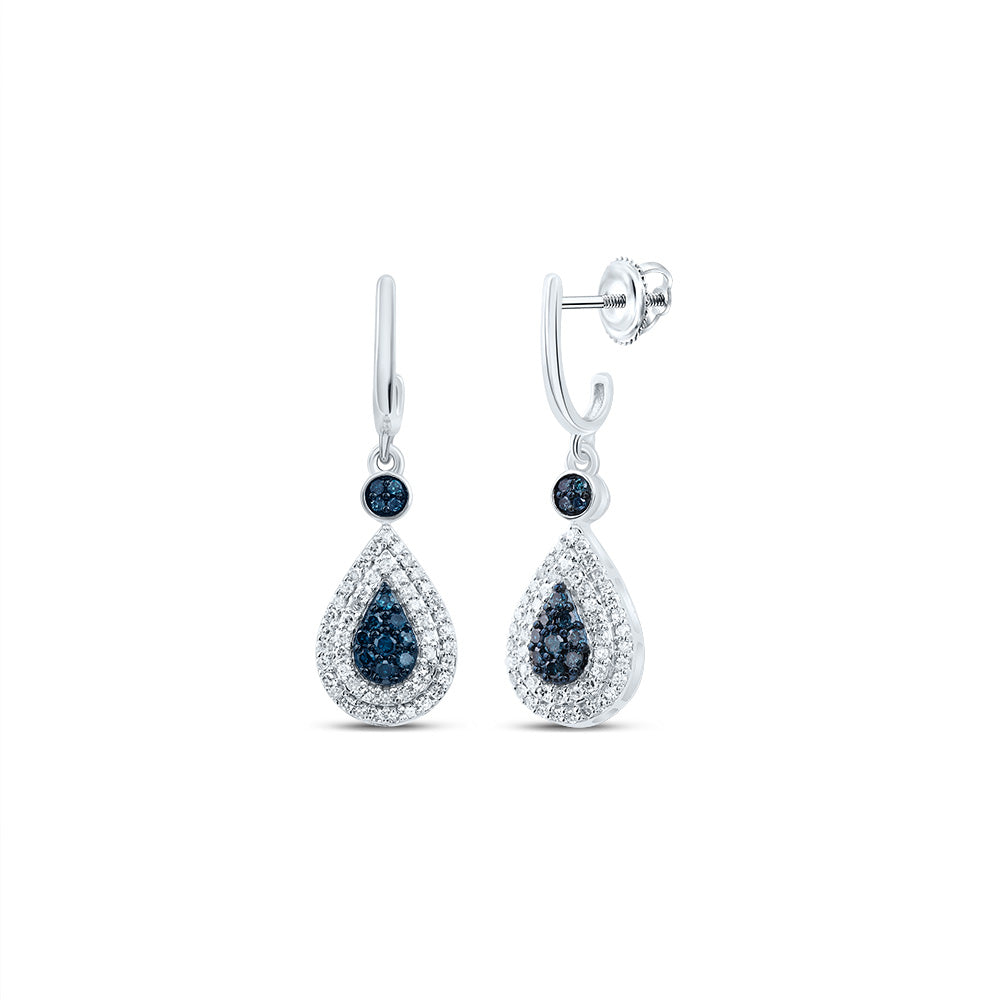 10Kt White Gold Womens Round Blue Color Enhanced Diamond Teardrop Dangle Earrings 1/2 Cttw (1.9 grams)