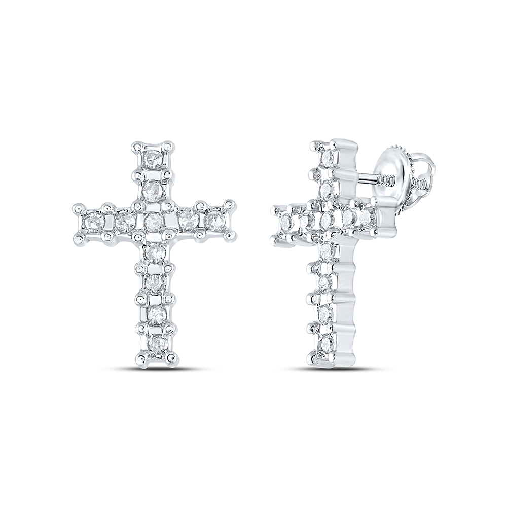 10Kt White Gold Womens Round Diamond Roman Cross Religious Stud Earrings 1/10 Cttw (0.79 grams)