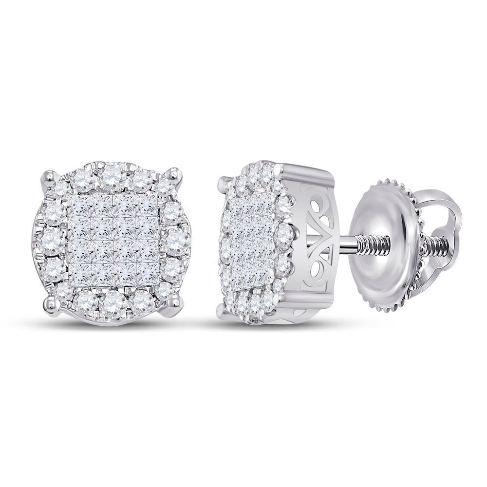 14Kt White Gold Womens Princess Diamond Fashion Cluster Earrings 1.00 Cttw (2.67 grams)