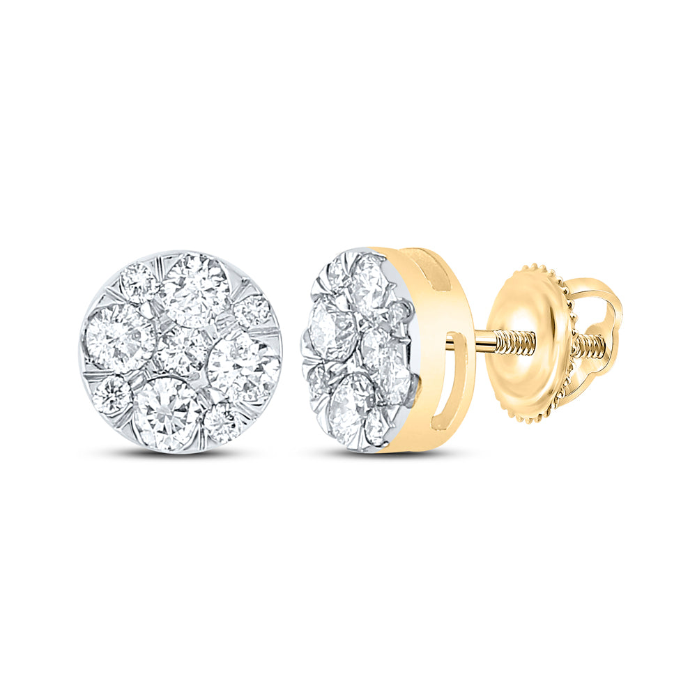 Gold Flower Cluster Earrings 1 Cttw Round Natural Diamond Womens (2.07 grams)