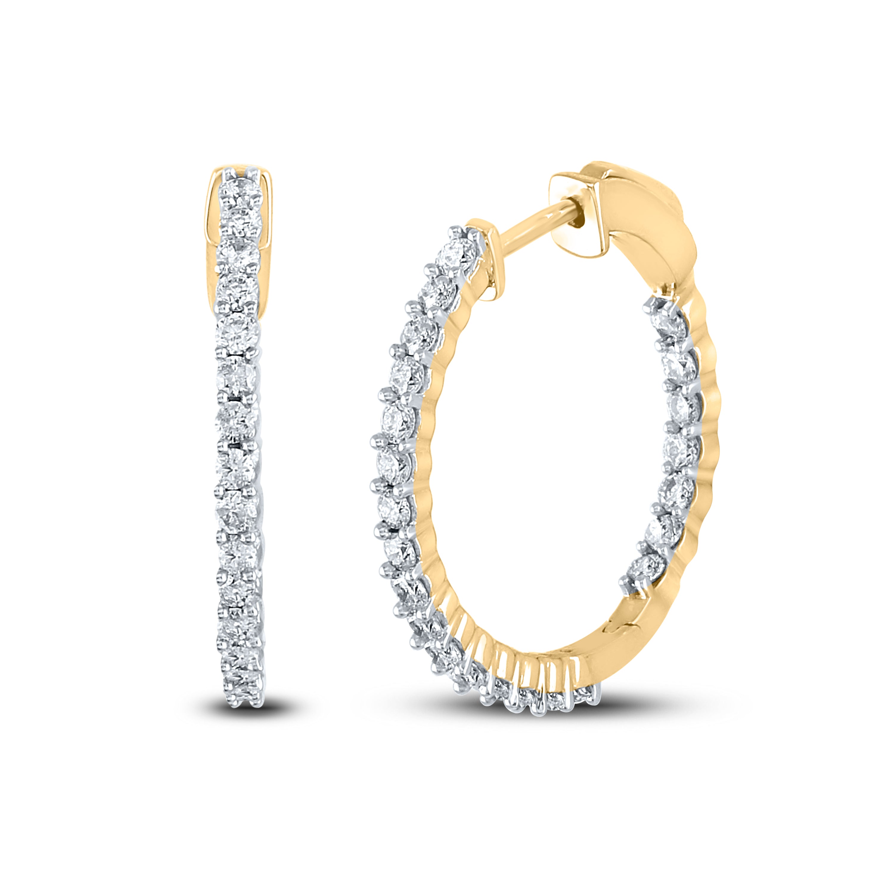 14Kt Yellow Gold Womens Round Diamond Inside Outside Hoop Earrings 1-1/2 Cttw (4.28 grams)
