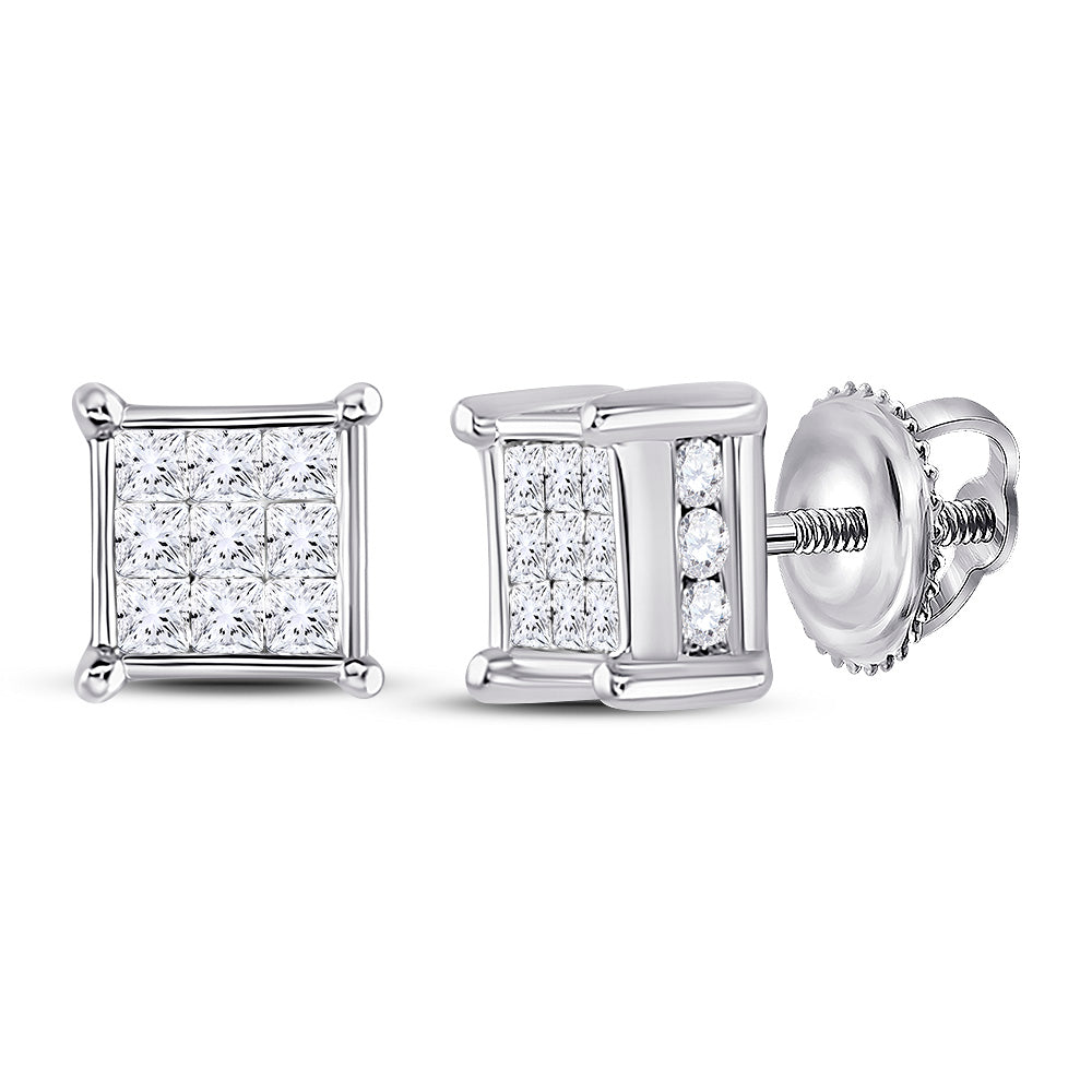 14Kt White Gold Womens Princess Diamond Cluster Stud Earrings 1/2 Cttw (1.1 grams)