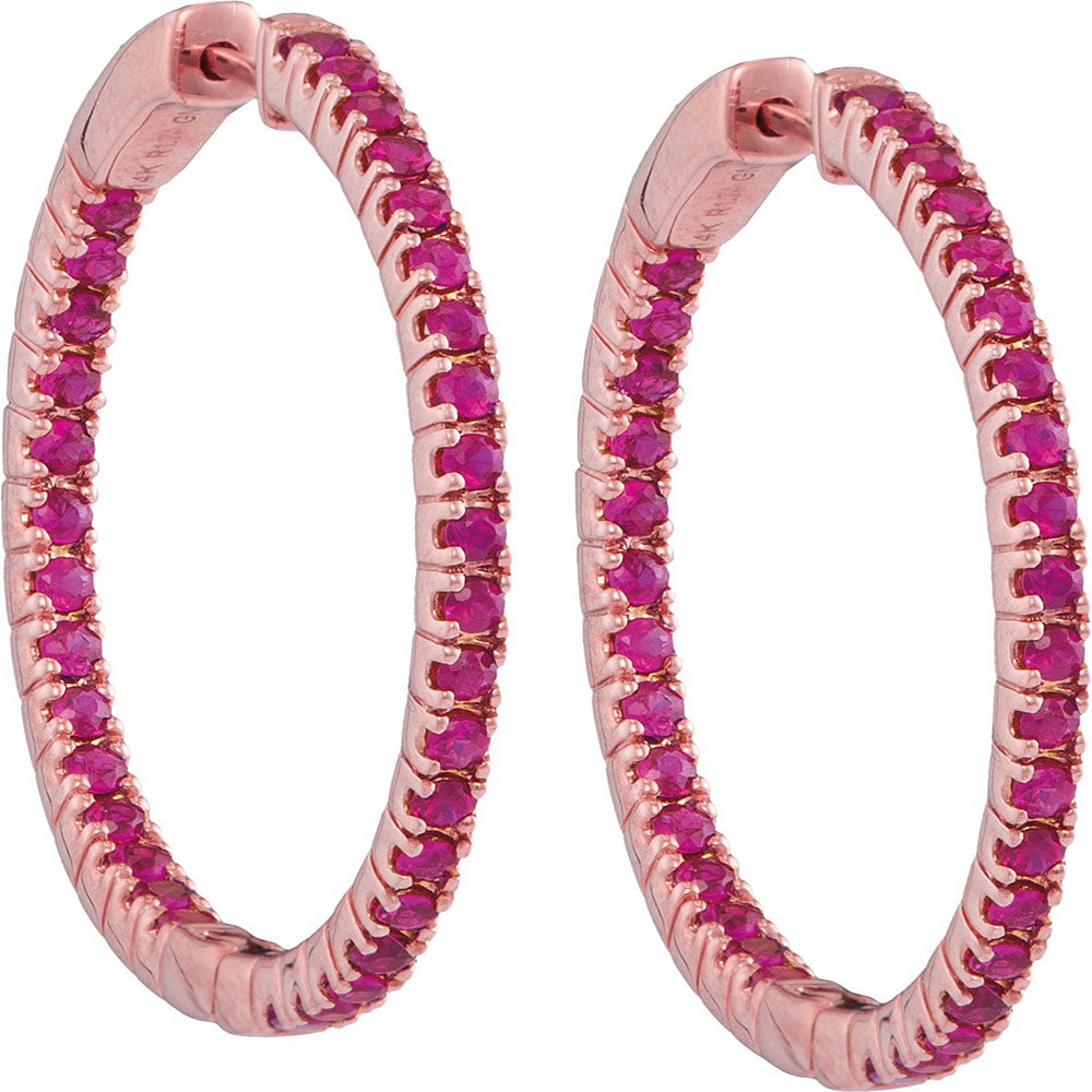 14Kt Rose Gold 1 3/4Ctw-Diamond Ruby Natural Gem Hoops (8.98 grams)