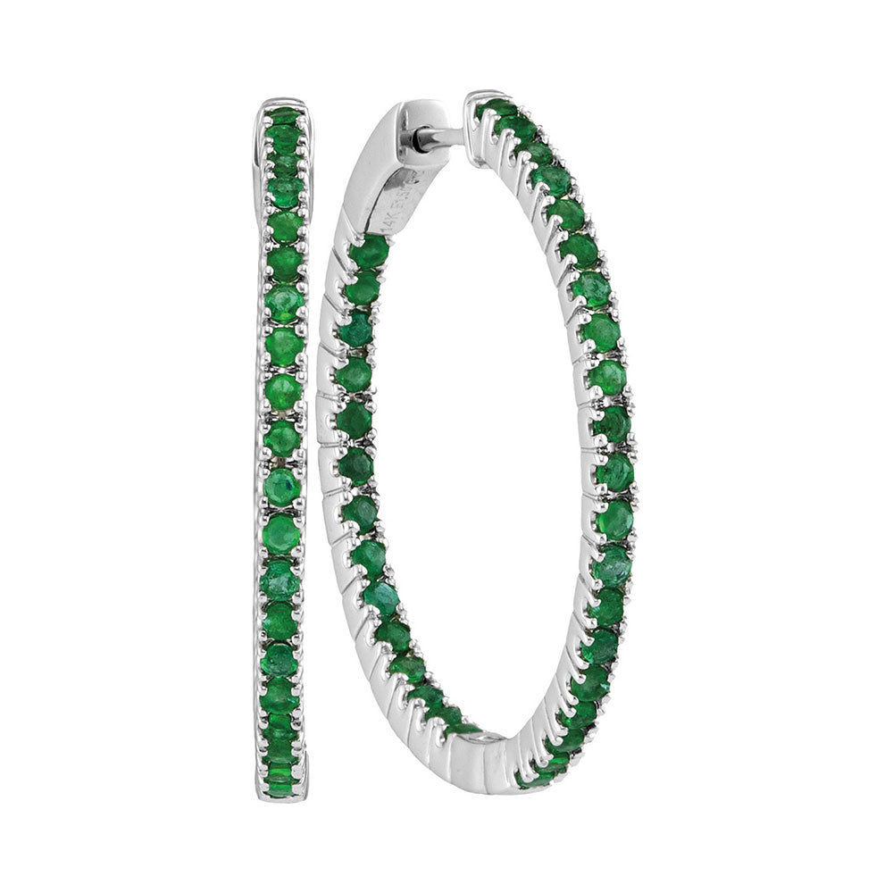 14Kt White Gold 2 Ctw-Diamond Emerald Natural Gem Hoops (8.99 grams)