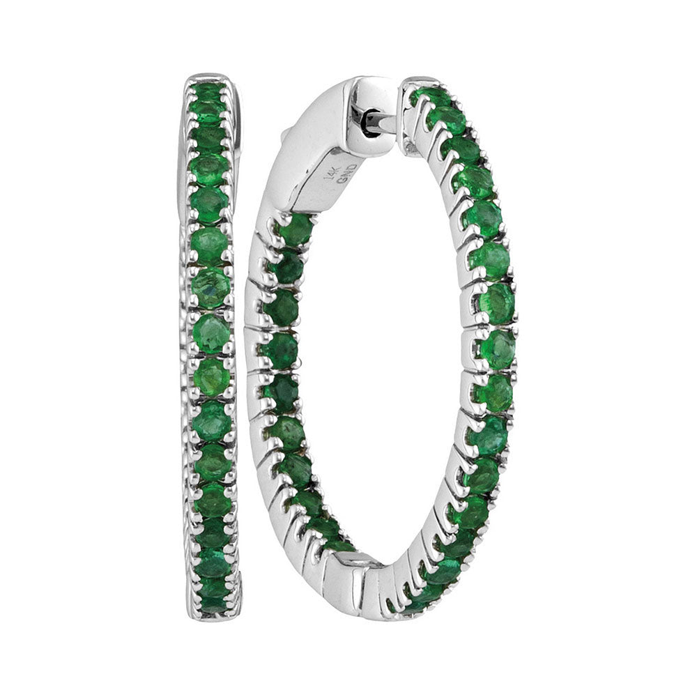 14Kt White Gold 1 5/8Ctw-Diamond Emerald Natural Gem Hoops (7.23 grams)