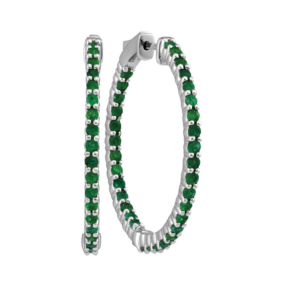 14Kt White Gold 2 Ctw-Diamond Emerald Natural Gem Hoops (6.78 grams)