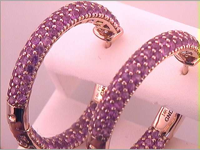 14Kt Rose Gold 3 3/8Ctw-Diamond Pink Sapphire Natural Gem Hoops (8.25 grams)