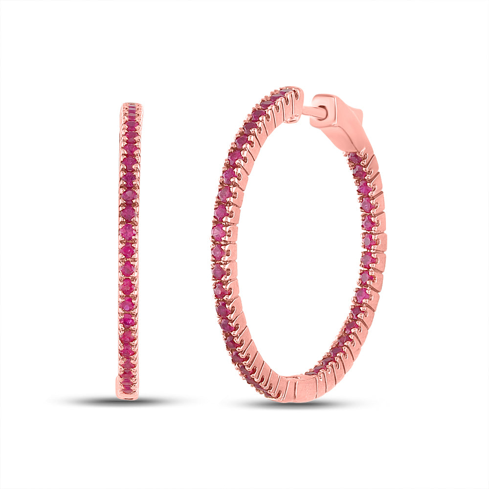 14Kt Rose Gold 2 1/5Ctw-Diamond Ruby Natural Gem Hoops (7.03 grams)