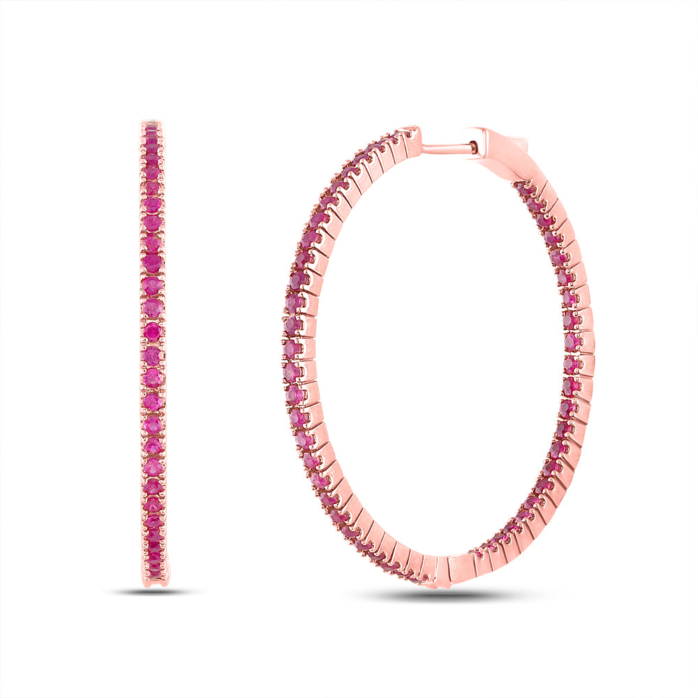 14Kt Rose Gold 3 3/4Ctw-Diamond Ruby Natural Gem Hoops (12.15 grams)