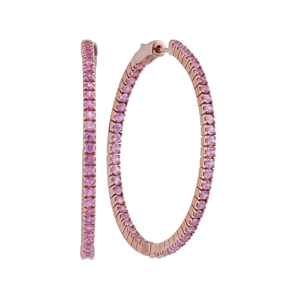 14Kt Rose Gold 3 3/4Ctw-Diamond Pink Sapphire Natural Gem Hoops (11.66 grams)