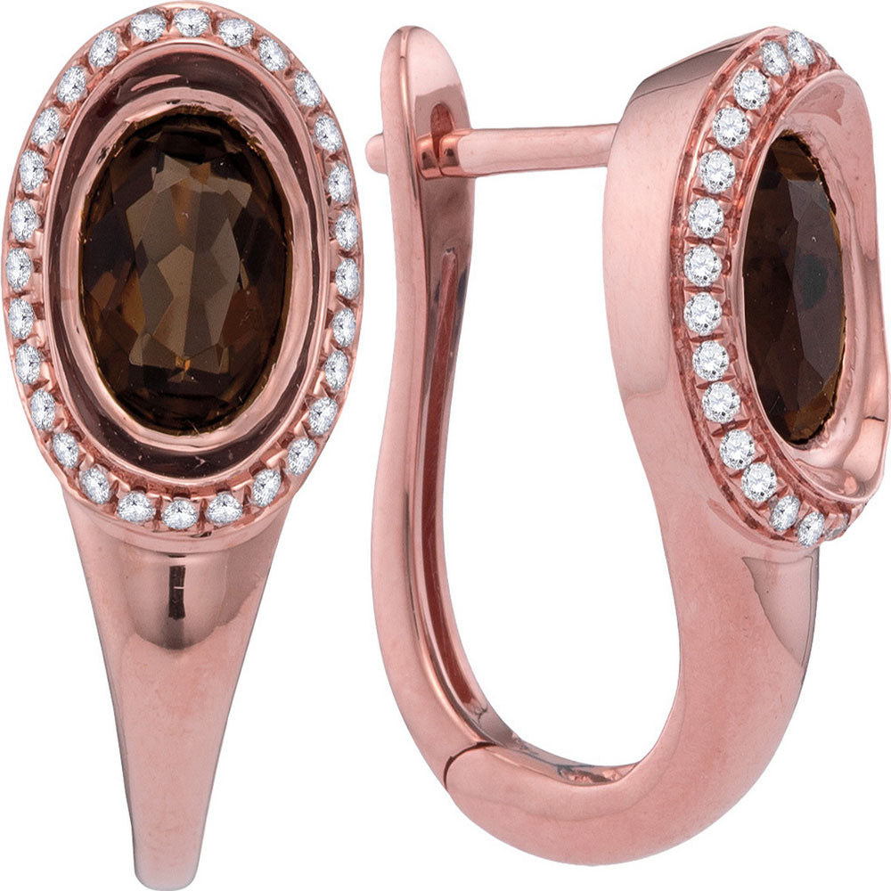 14Kt Rose Gold Womens Oval Smoky Quartz Hoop Earrings 1-5/8 Cttw (5.73 grams)