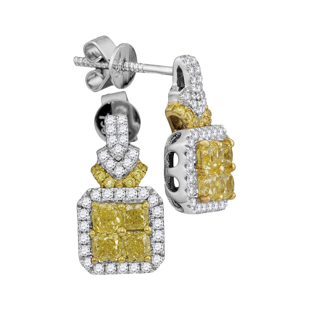 18Kt White Gold 1 3/8Ctw-Dia Amarillo Natural Yellow Diamond Dangling Earring (3.48 grams)