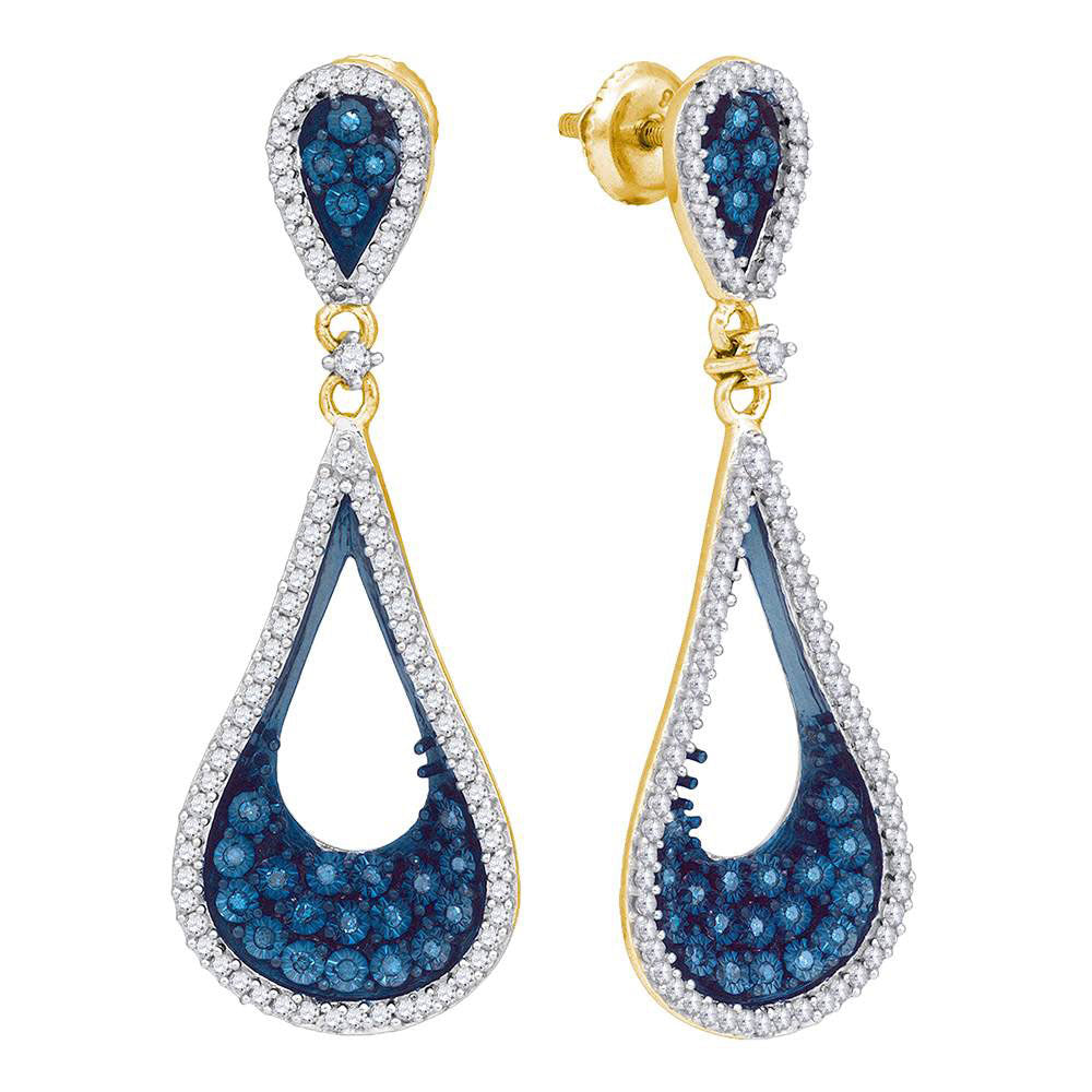10Kt Yellow Gold 1 Ctw-Dia Micro-Pave Blue Dangling Earring (5.59 grams)