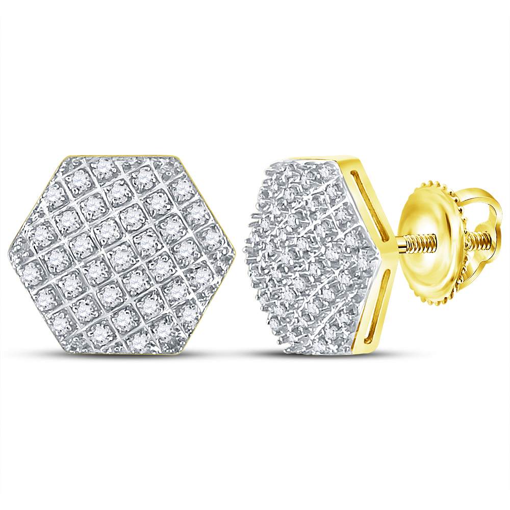 10Kt Yellow Gold Mens Round Diamond Hexagon Cluster Stud Earrings 1/5 Cttw (1.52 grams)