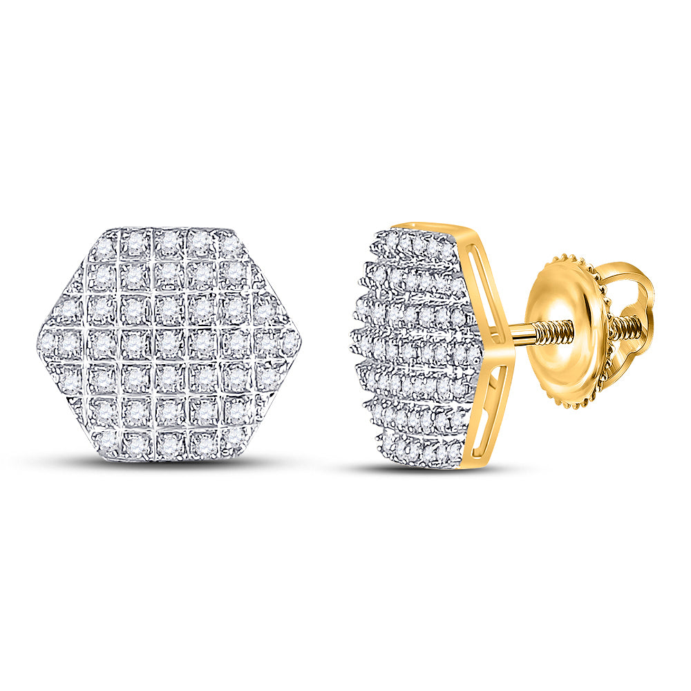 10Kt Yellow Gold Mens Round Diamond Hexagon Cluster Stud Earrings 1/5 Cttw (1.52 grams)
