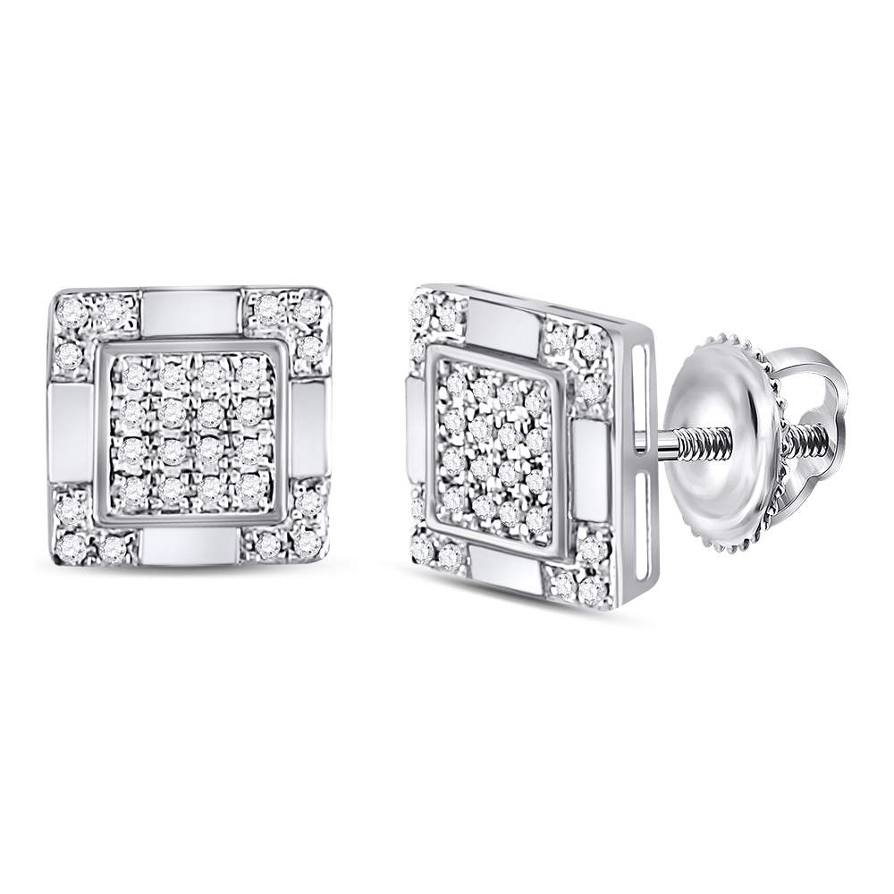 10Kt White Gold Mens Round Diamond Square Cluster Stud Earrings 1/6 Cttw (1.9 grams)