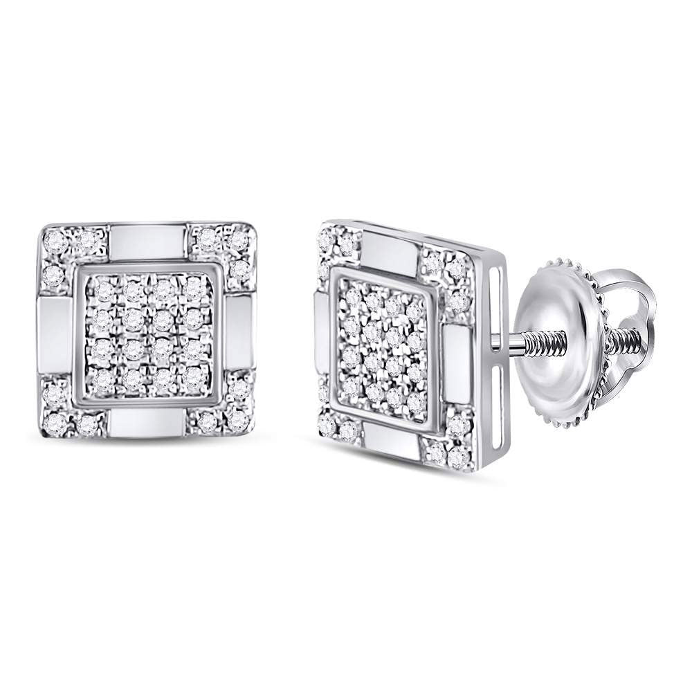 10Kt White Gold Mens Round Diamond Square Cluster Stud Earrings 1/6 Cttw (1.9 grams)