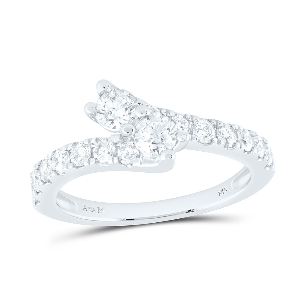 14Kt White Gold Womens Round Diamond 2-Stone Bridal Wedding Engagement Ring 1.00 Cttw (Certified) (3.64 grams)