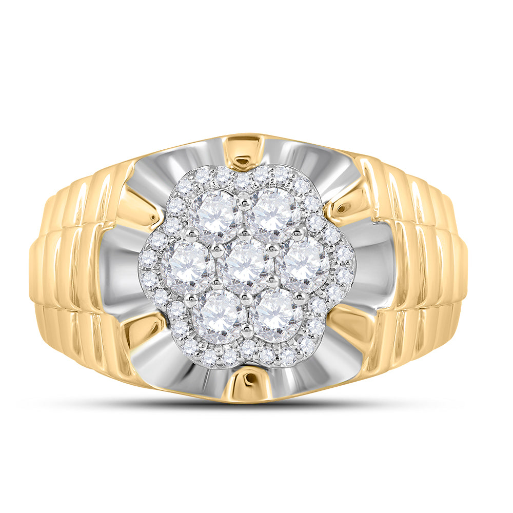 10Kt Two-Tone Yellow White Gold Mens Round Diamond Flower Cluster Ribbed Ring 1.00 Cttw (11.32 grams)