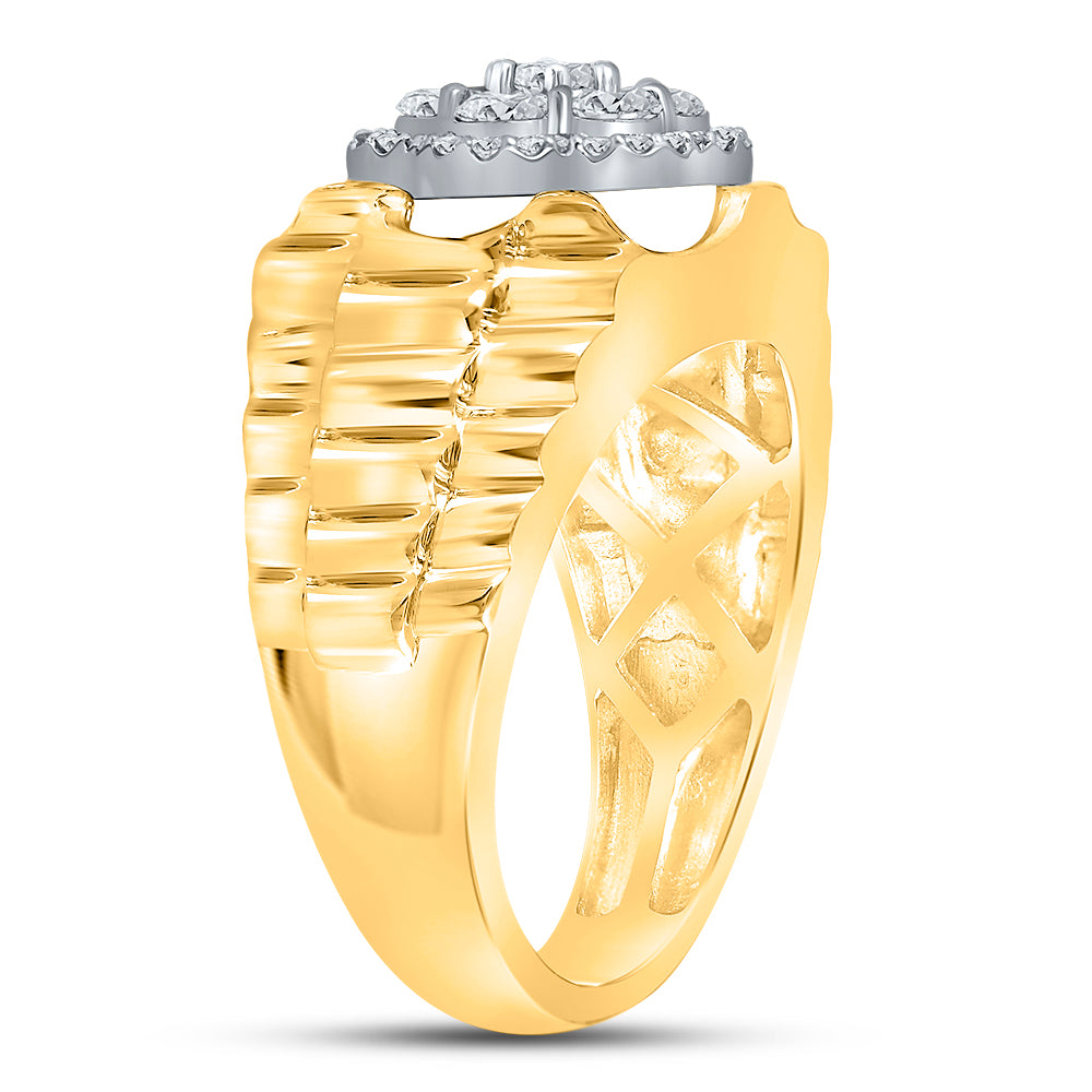 10Kt Two-Tone Yellow White Gold Mens Round Diamond Flower Cluster Ribbed Ring 1.00 Cttw (11.32 grams)