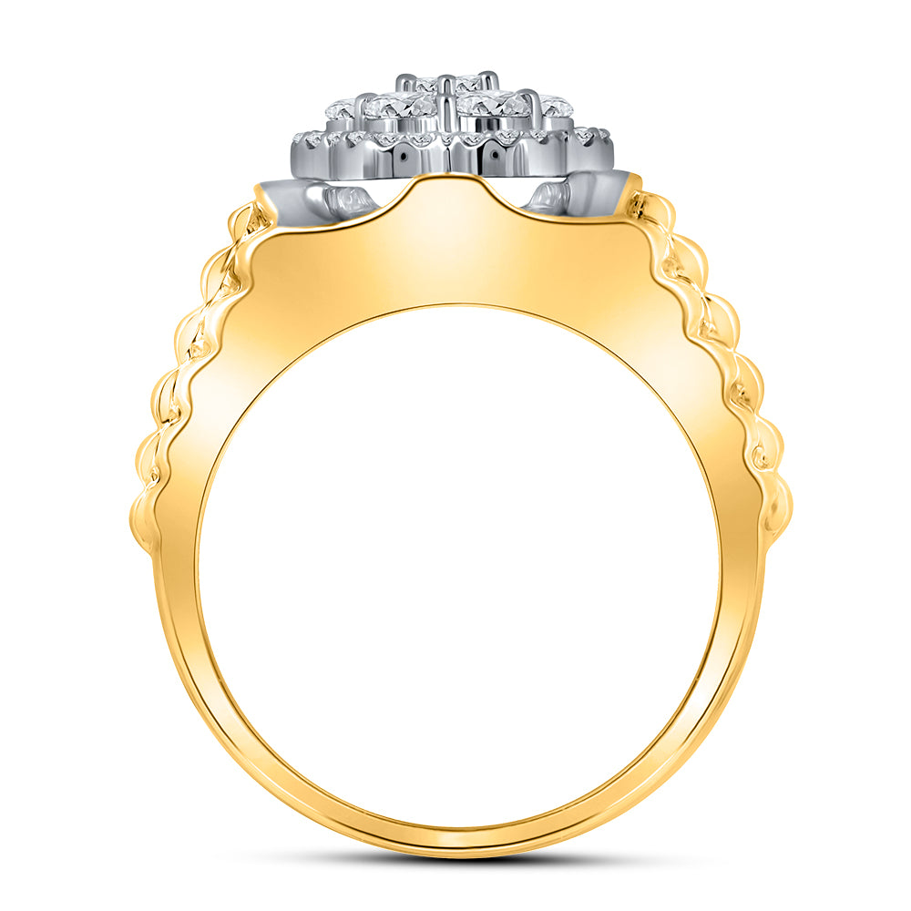 10Kt Two-Tone Yellow White Gold Mens Round Diamond Flower Cluster Ribbed Ring 1.00 Cttw (11.32 grams)