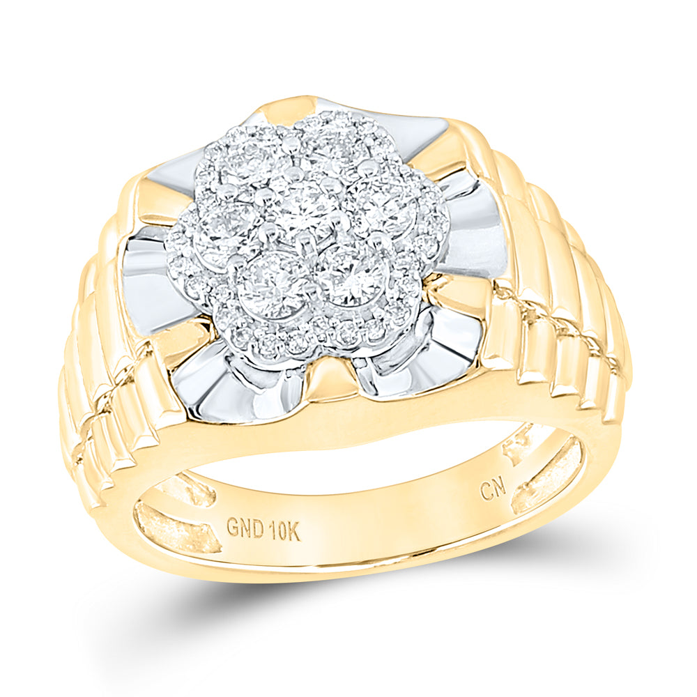 10Kt Two-Tone Yellow White Gold Mens Round Diamond Flower Cluster Ribbed Ring 1.00 Cttw (11.32 grams)