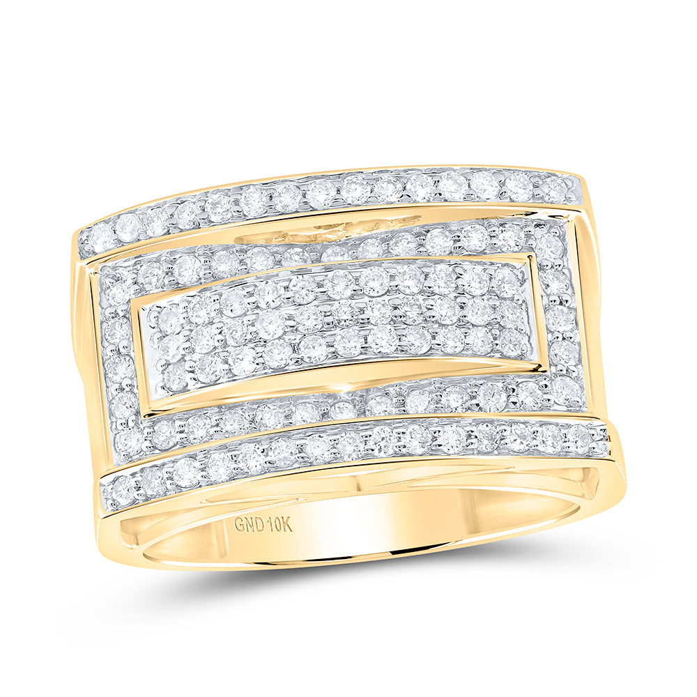 10Kt Yellow Gold Mens Round Pave-Set Diamond Rectangle Cluster Ring 1.00 Cttw (7.36 grams)
