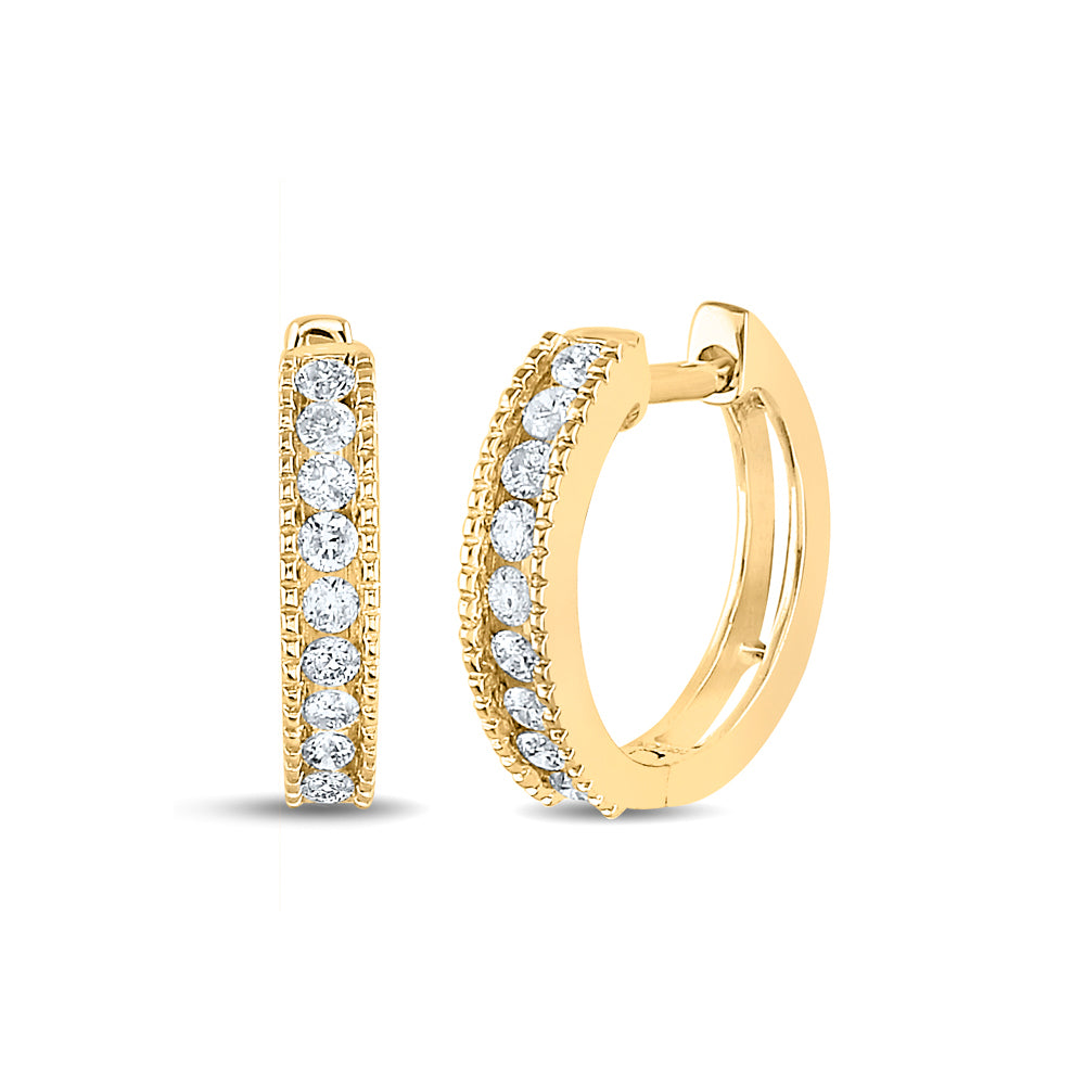 14Kt Yellow Gold Womens Round Diamond Milgrain Single Row Hoop Earrings 1/4 Cttw (2.23 grams)