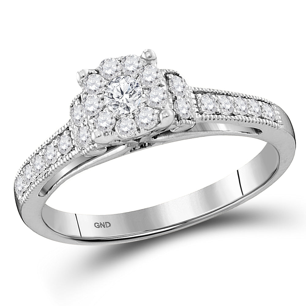 10Kt White Gold Womens Round Diamond Cluster Milgrain Bridal Wedding Engagement Ring 3/8 Cttw (3.56 grams)