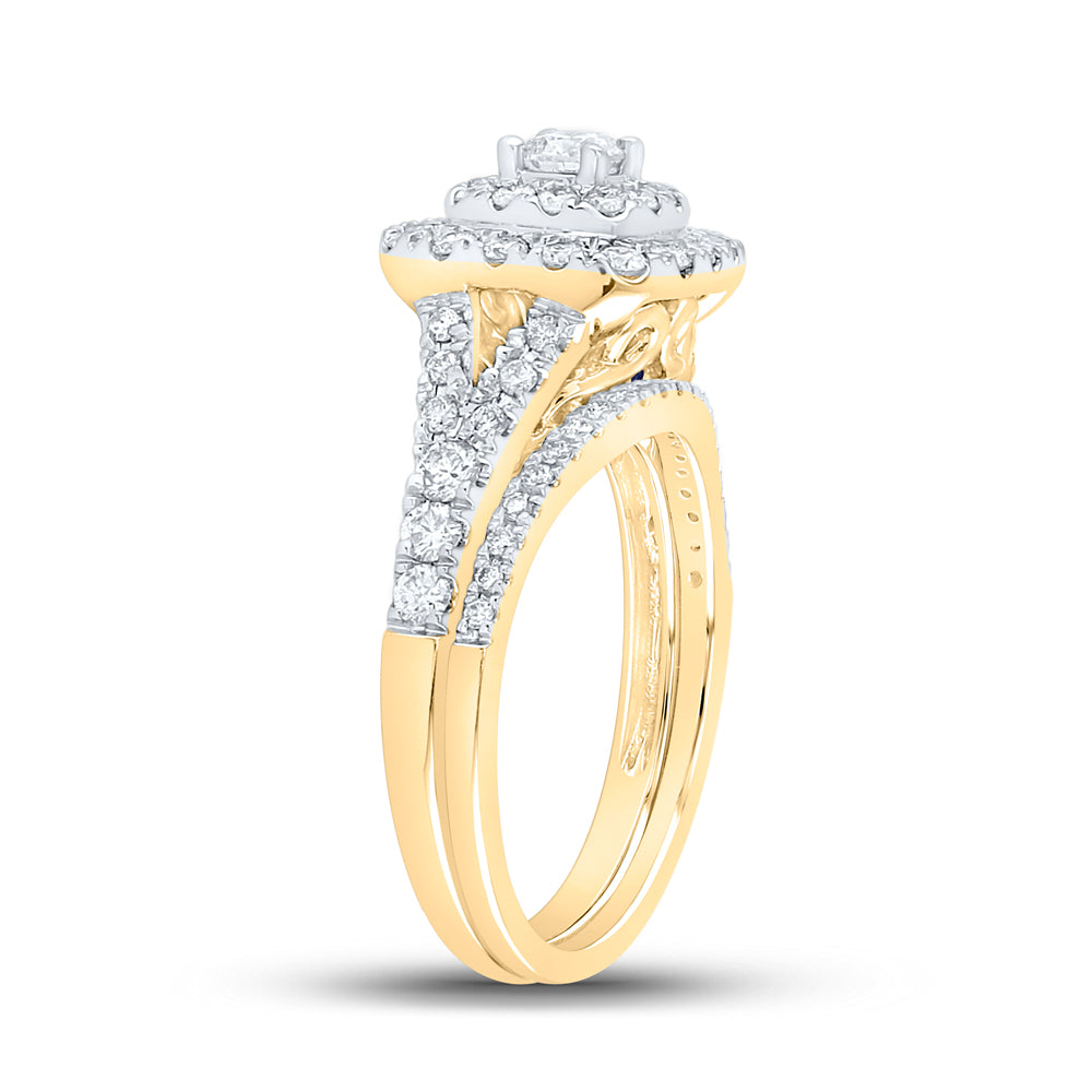 Gold Halo Solitaire Bridal Wedding Ring Band Set 1 Cttw Round Natural Diamond Womens (6.3 grams)