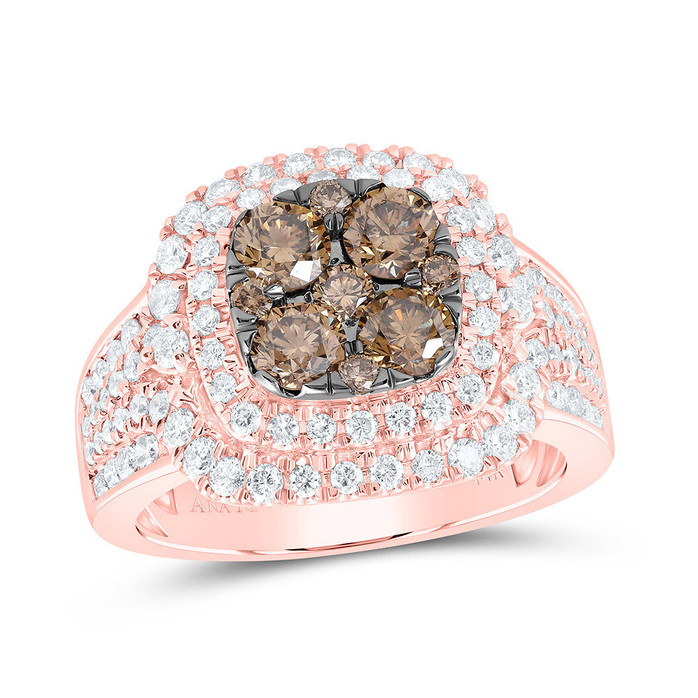 14Kt Rose Gold Womens Round Brown Diamond Cushion Bridal Wedding Engagement Ring 2.00 Cttw (8.13 grams)