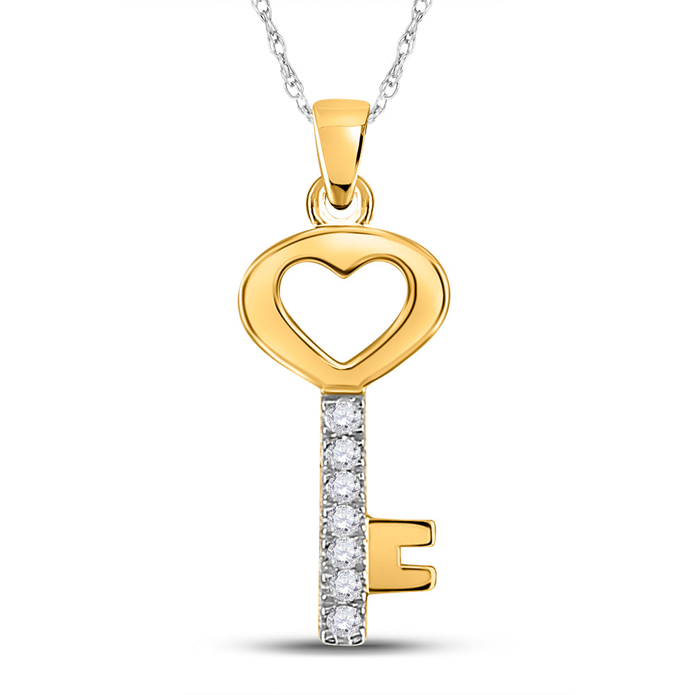 Gold Heart Key Pendant 1/20 Cttw Round Natural Diamond Womens (0.45 grams)