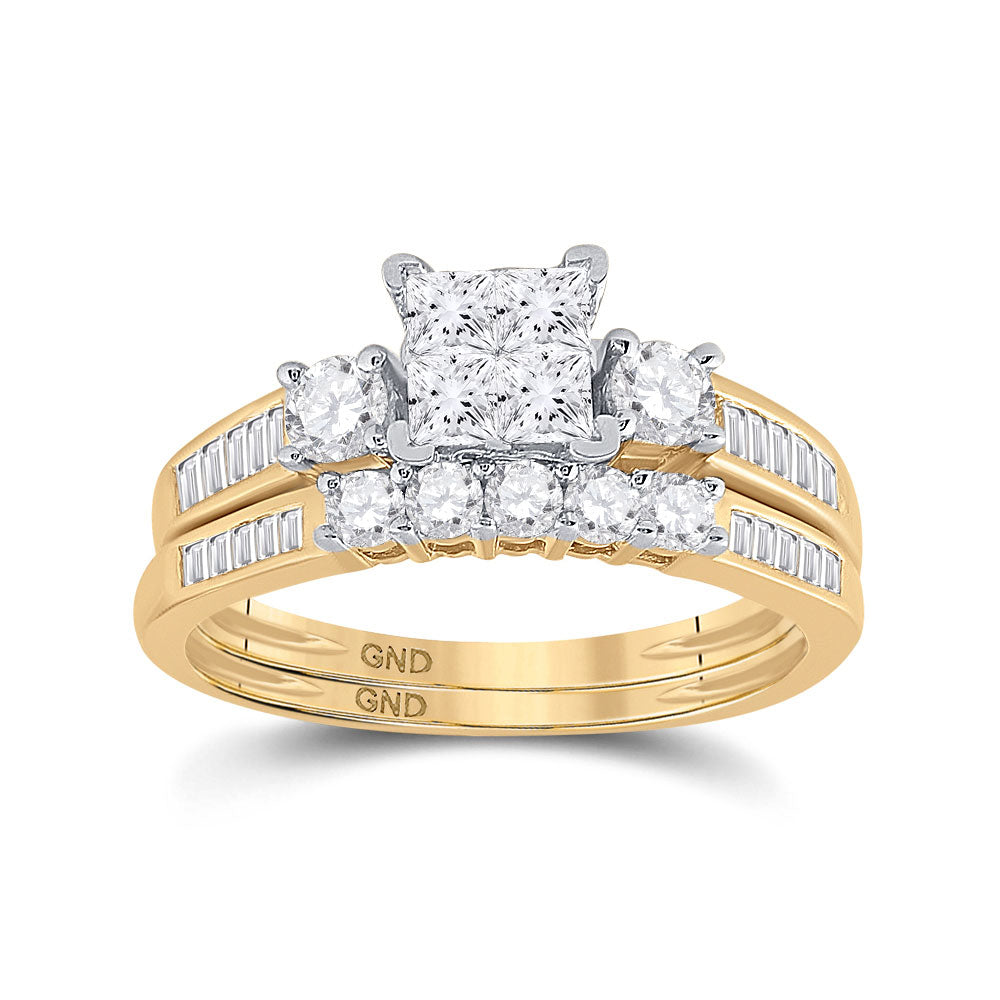 Gold Cluster Bridal Wedding Ring Band Set 1 Cttw Princess Natural Diamond Womens (3.73 grams)