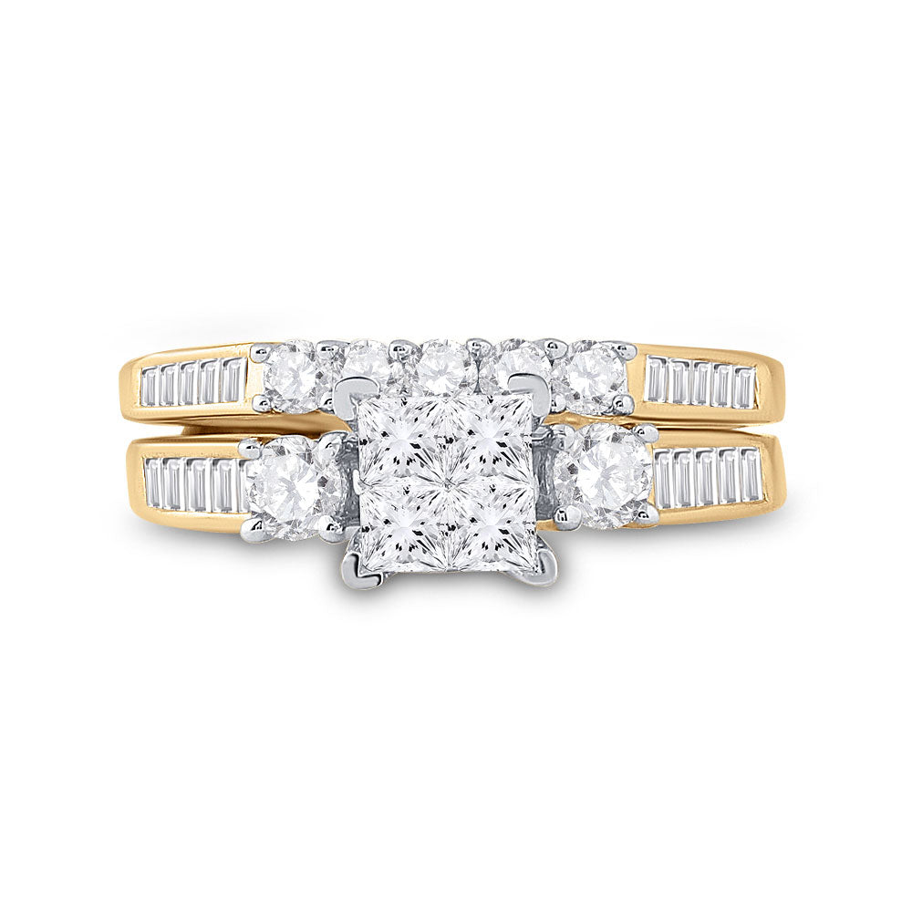 Gold Cluster Bridal Wedding Ring Band Set 1 Cttw Princess Natural Diamond Womens (3.73 grams)