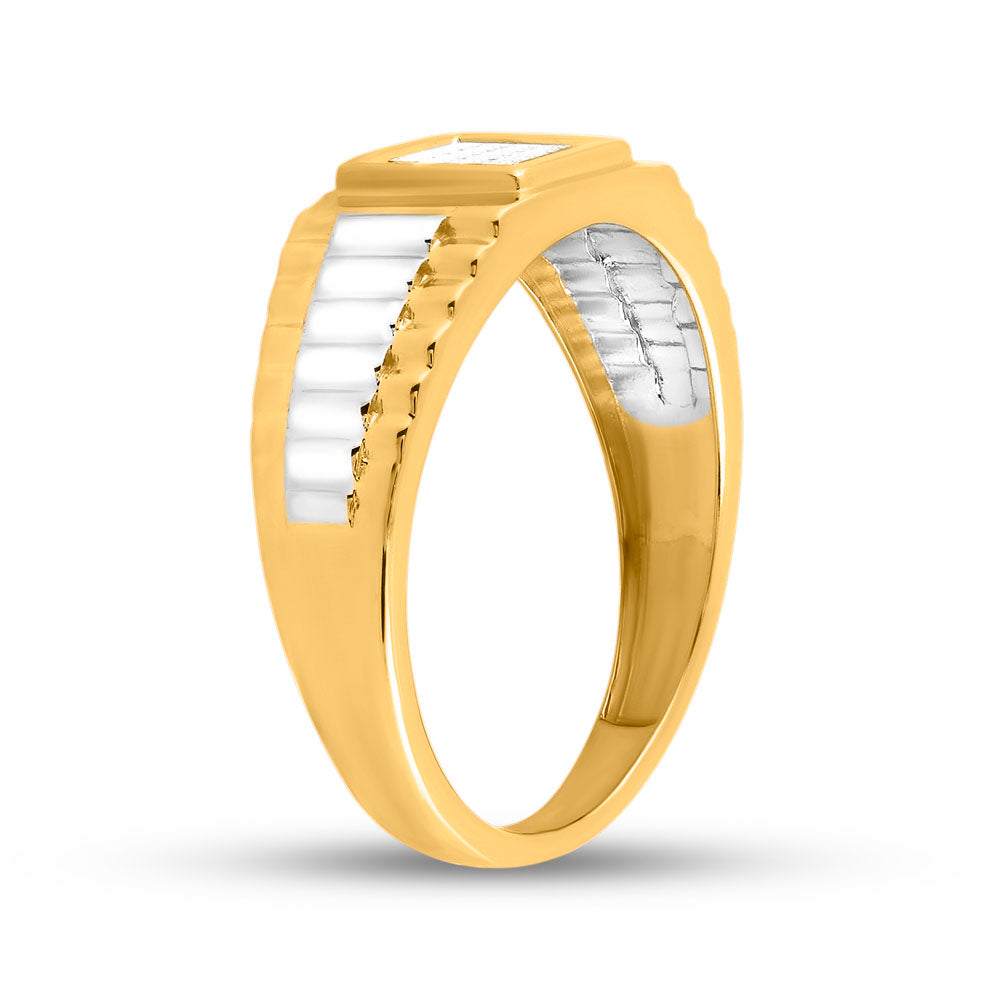 14Kt Two-Tone Gold Mens Princess Diamond Ribbed Cluster Ring 1/4 Cttw (3.03 grams)