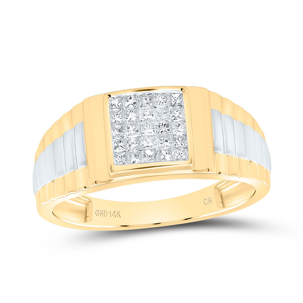 14Kt Two-Tone Gold Mens Princess Diamond Ribbed Cluster Ring 1/4 Cttw (3.03 grams)