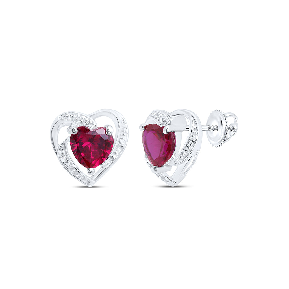 Sterling Silver Womens Round Lab-Created Ruby Diamond Heart Stud Earrings 2-1/5 Cttw (1.84 grams)