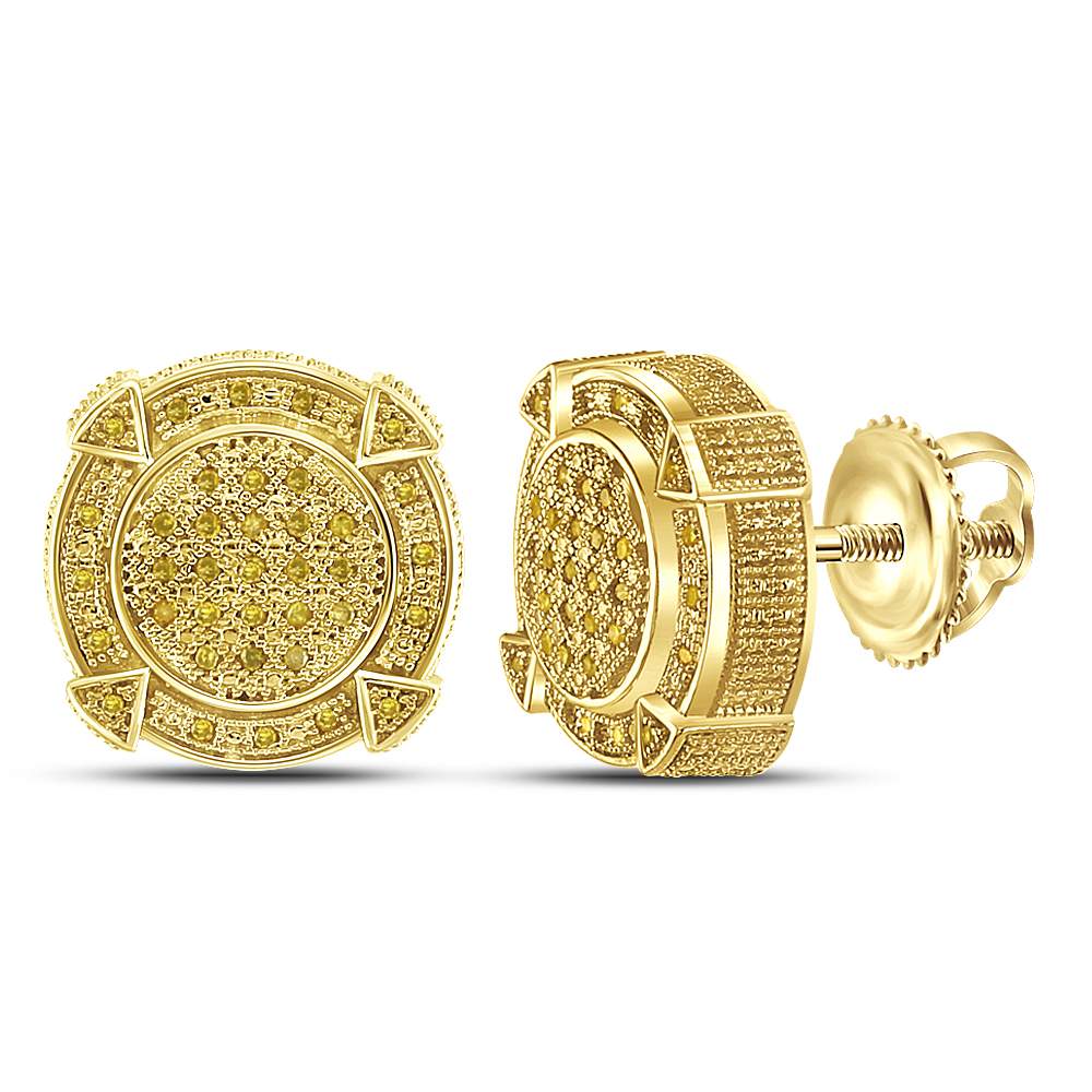 Yellow-Tone Sterling Silver Mens Round Yellow Color Enhanced Diamond Stud Earrings 1/5 Cttw (6 grams)