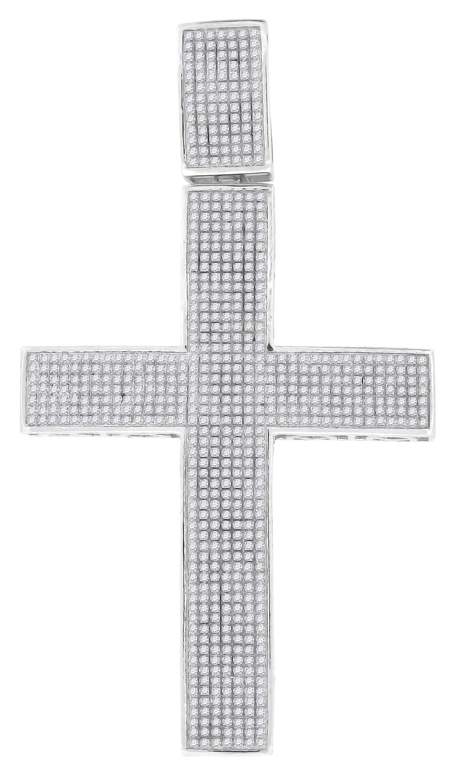 Sterling Silver 2 1/4Ctw M-Pave Dia Cross Mens Charm (14.39 grams)