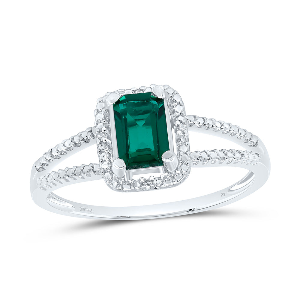 Sterling Silver Womens Lab-Created Emerald Solitaire Diamond Split-Shank Ring 1-1/2 Cttw (1.65 grams)