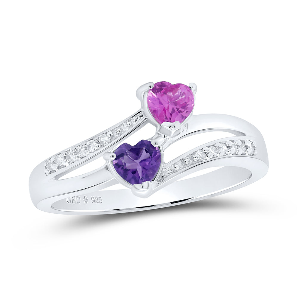 Sterling Silver Womens Heart Lab-Created Amethyst Pink Sapphire Bypass Ring 3/4 Cttw (2.15 grams)